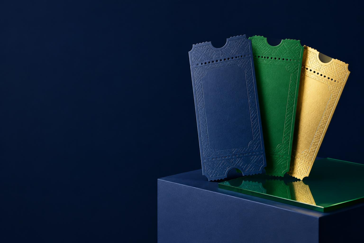 Tickets azul-marinho, verde e dourado